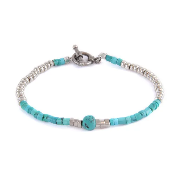 Mens Turquoise Heishi Bead and Turquoise Nugget Combo with Metal Beads Toggle Bracelet