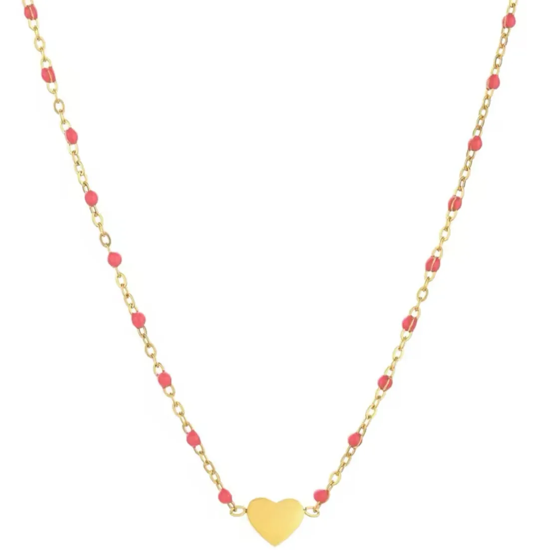 Mini Enamel Beads Stainless Steel Heart Necklace | Hot Pink