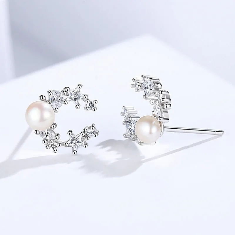 Moon Star with Pearl Silver Studs Earrings for Women