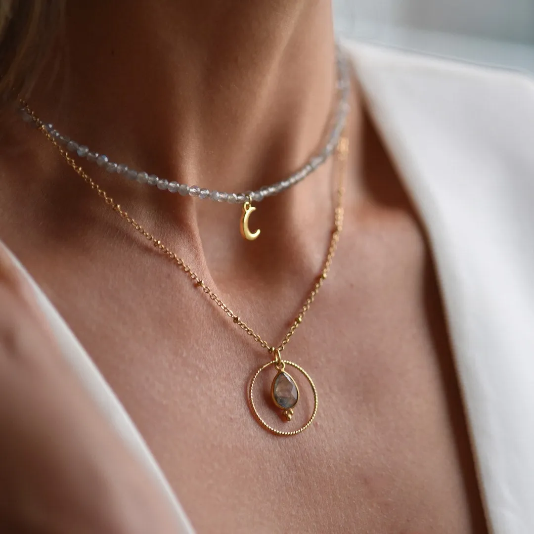 Natural Labradorite bead choker necklace with Moon pendant