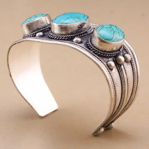 Natural Stone  Tibetan Silver Cuff Bracelet