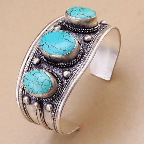 Natural Stone  Tibetan Silver Cuff Bracelet