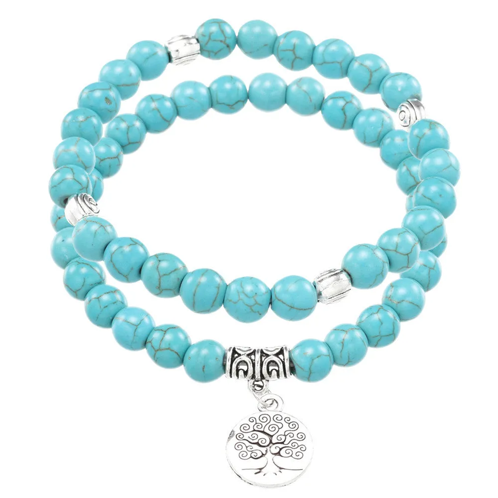 Natural Turquoise Beads Two Handmade Beaded Big Tree Pendant Bracelet