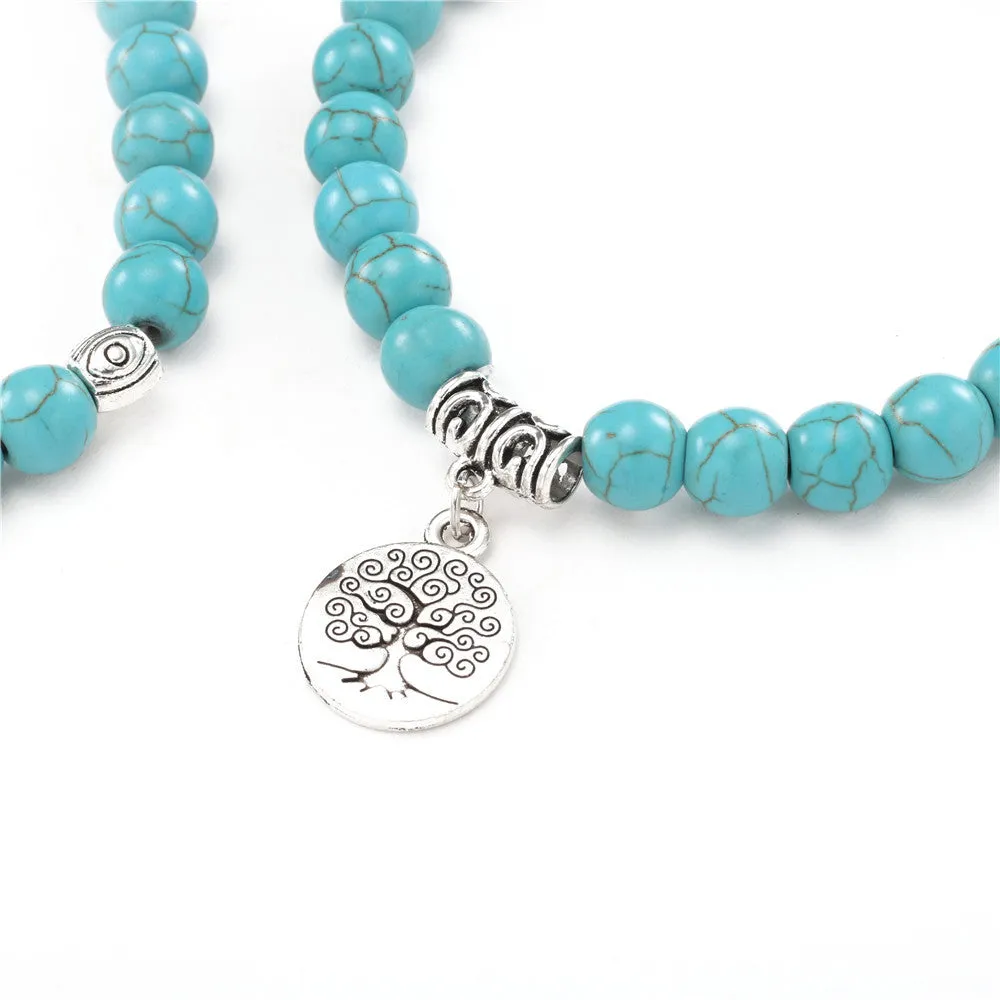 Natural Turquoise Beads Two Handmade Beaded Big Tree Pendant Bracelet