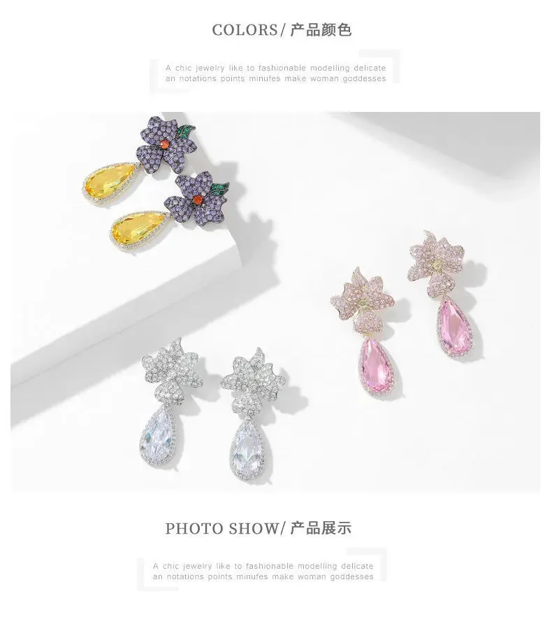 New Luxury Cubic Zirconia Waterdrop Flower Earrings Banquet Dress Bridal Wedding Jewely LYI093