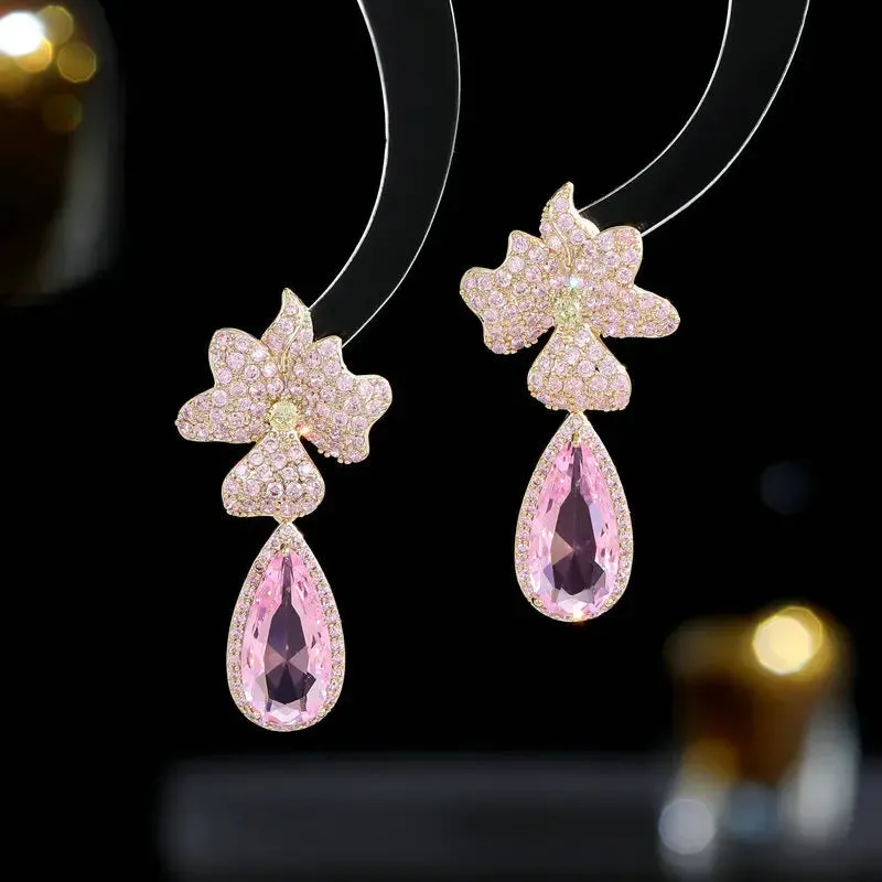 New Luxury Cubic Zirconia Waterdrop Flower Earrings Banquet Dress Bridal Wedding Jewely LYI093