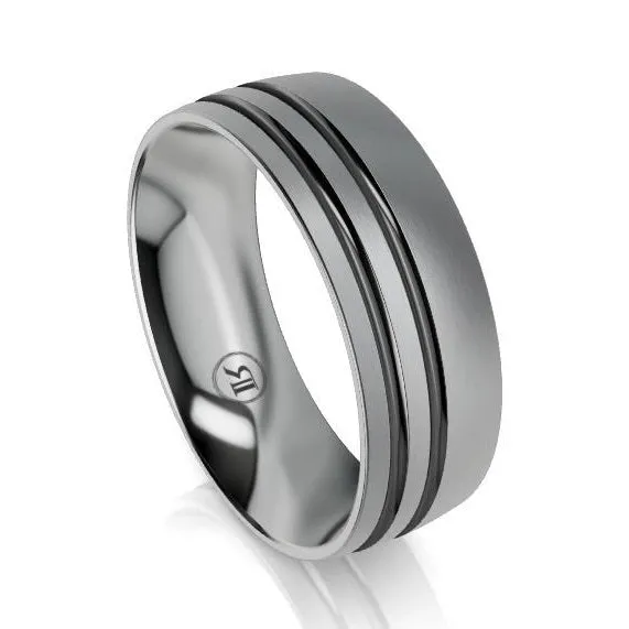 Offset Dual Grooved Black and Grey Zirconium Wedding Ring - Comfort Fit