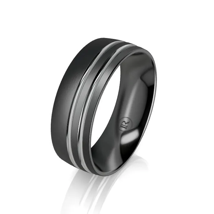 Offset Dual Grooved Black and Grey Zirconium Wedding Ring - Comfort Fit