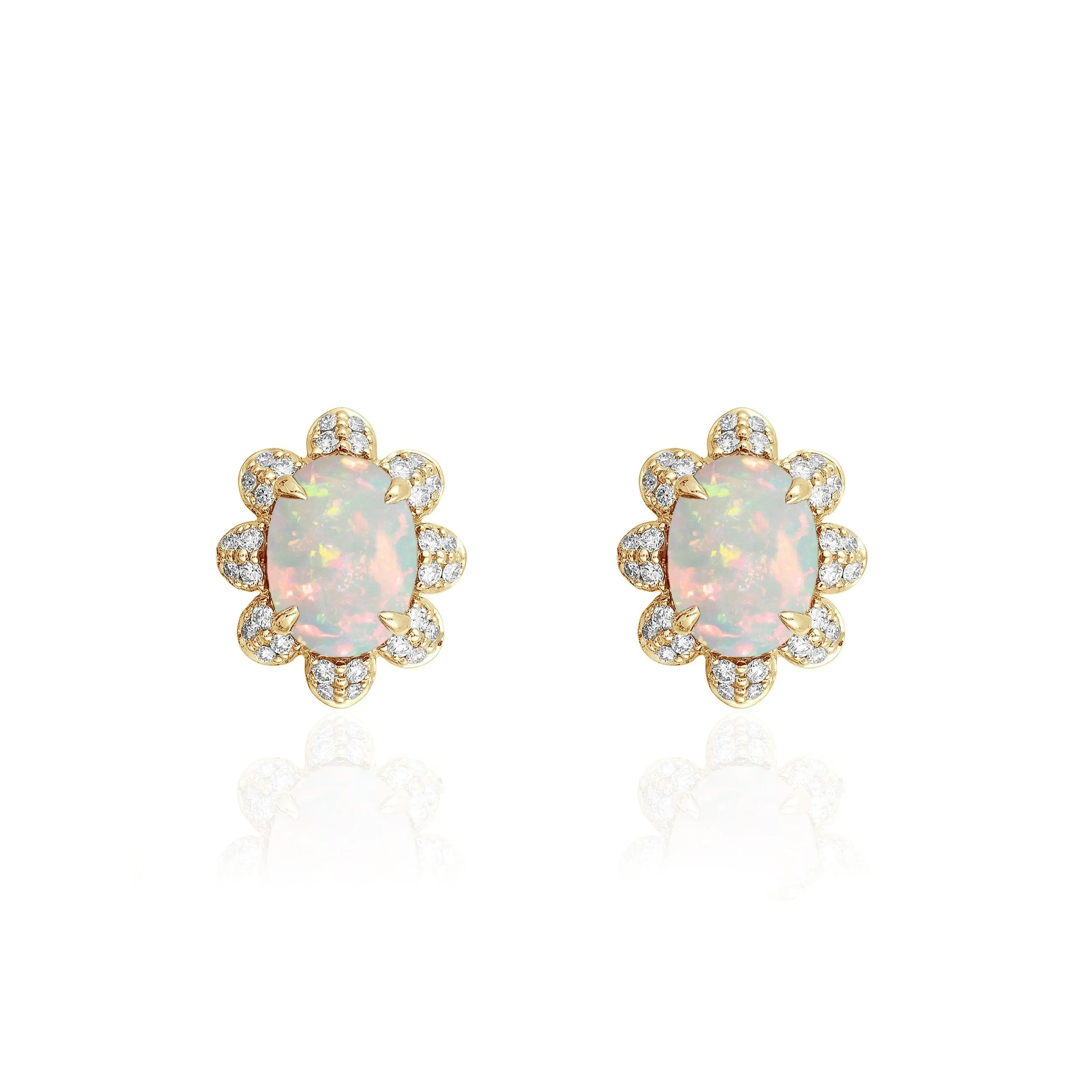 Opal Cabochon Stud Earrings with Diamonds