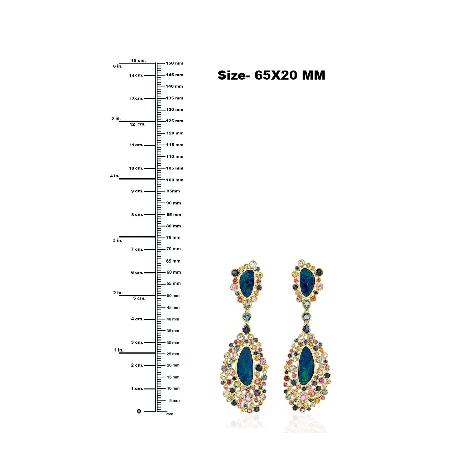 Opal Doublet Bezel Set Multi Sapphire In Yellow Gold Designer Danglers Wedding Jewelry