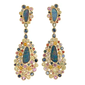 Opal Doublet Bezel Set Multi Sapphire In Yellow Gold Designer Danglers Wedding Jewelry