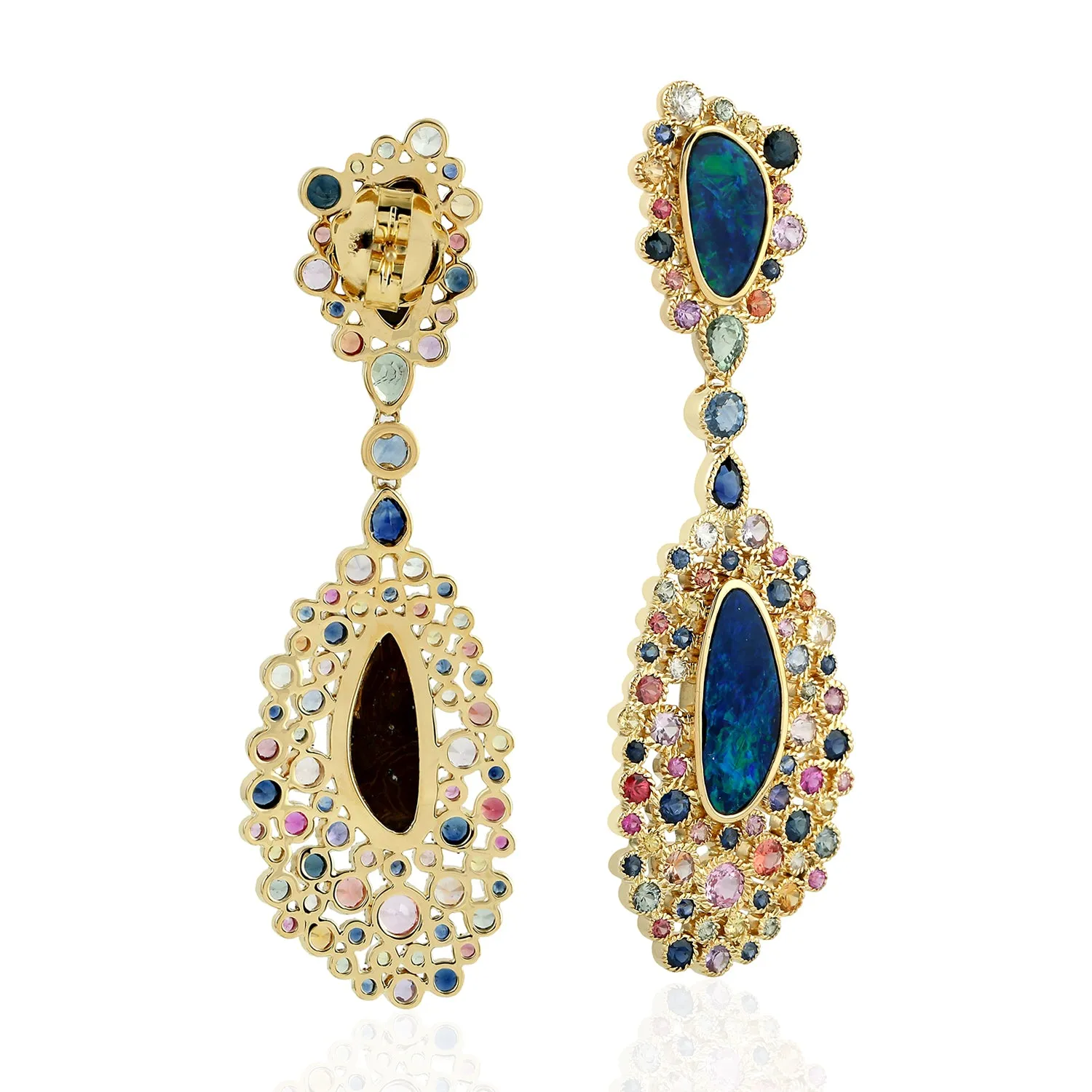 Opal Doublet Bezel Set Multi Sapphire In Yellow Gold Designer Danglers Wedding Jewelry