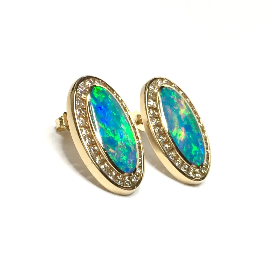 Opal Earrings Oval Inlaid Design with .73ctw Round Diamonds Halo