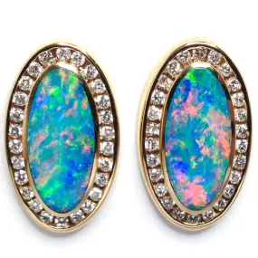 Opal Earrings Oval Inlaid Design with .73ctw Round Diamonds Halo