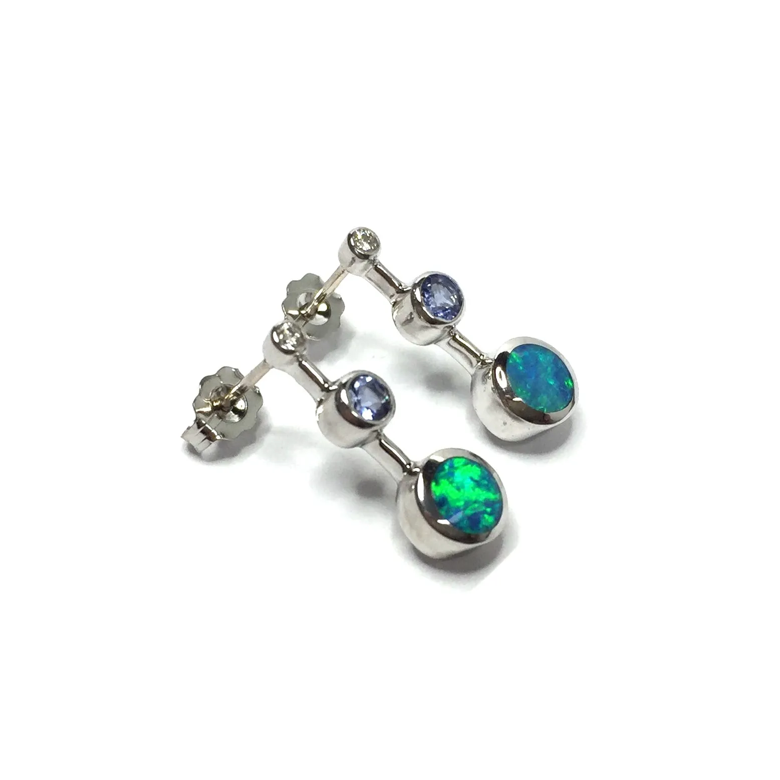 Opal Earrings Round Inlaid with Tanzanite and .04ctw Round Diamonds