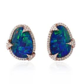 Oval Cut Australian Opal Doublet Pave Diamond Antique Stud Earrings In Rose Gold