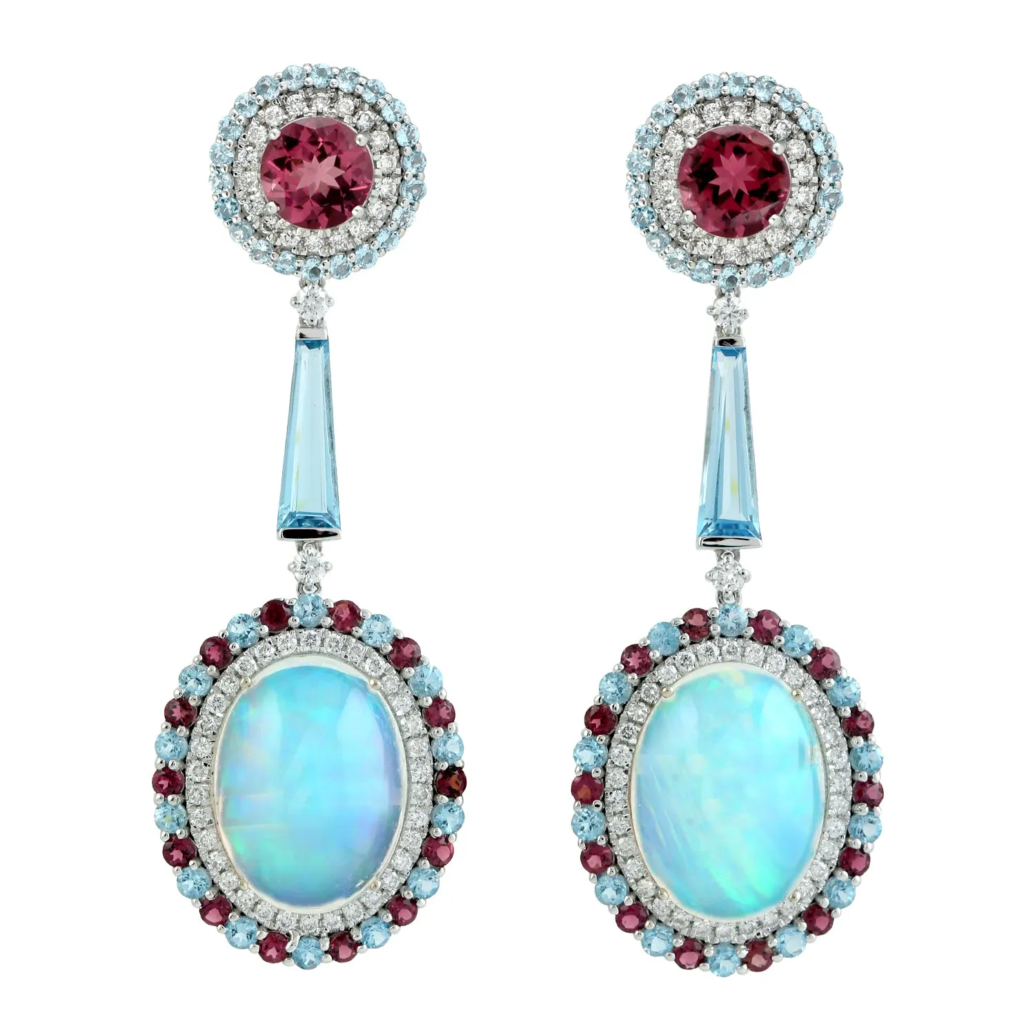 Oval Cut Opal Ethiopian Prong Blue Topaz Pink tourmaline Pave Diamond Danglers In White Gold