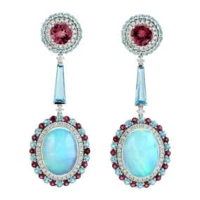 Oval Cut Opal Ethiopian Prong Blue Topaz Pink tourmaline Pave Diamond Danglers In White Gold