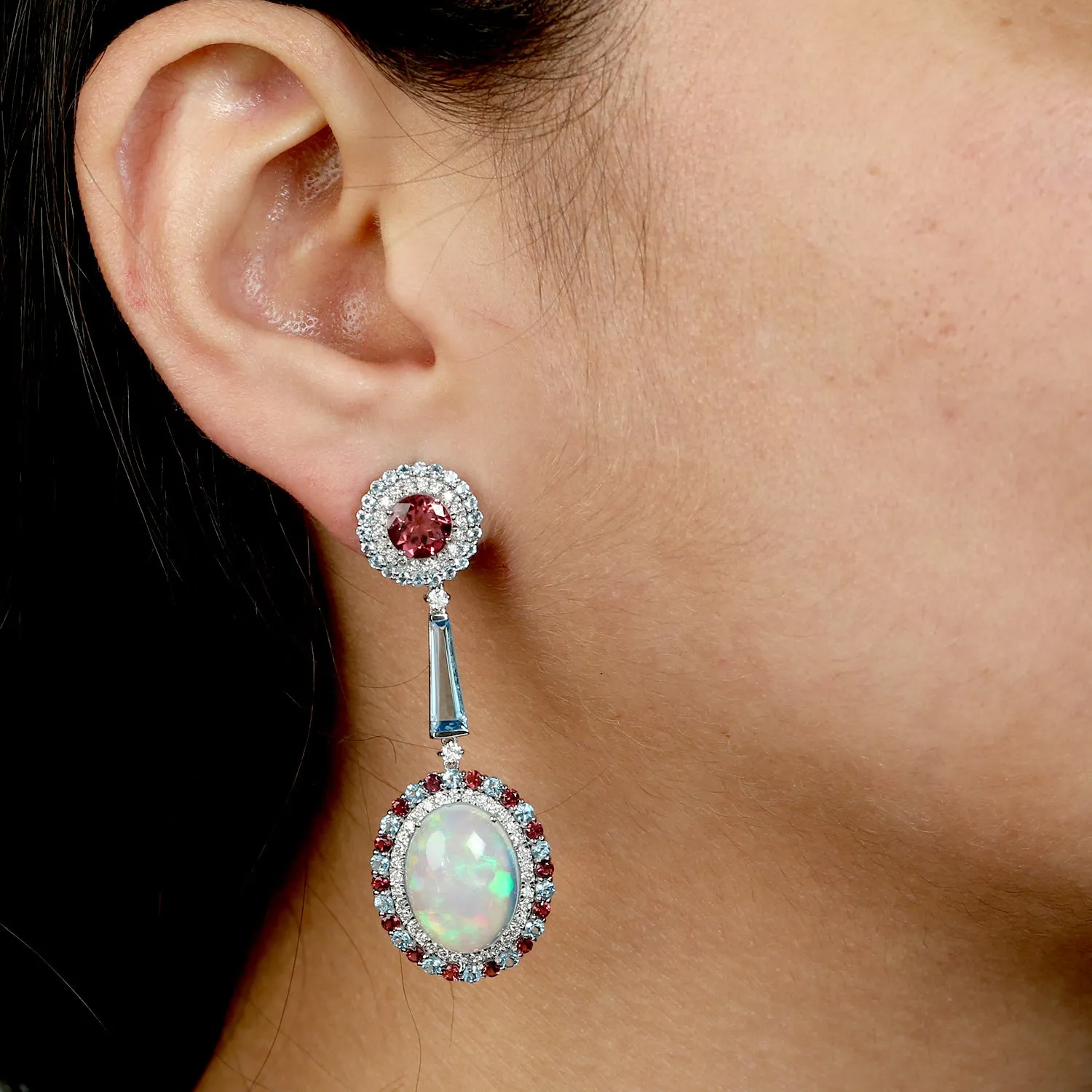 Oval Cut Opal Ethiopian Prong Blue Topaz Pink tourmaline Pave Diamond Danglers In White Gold