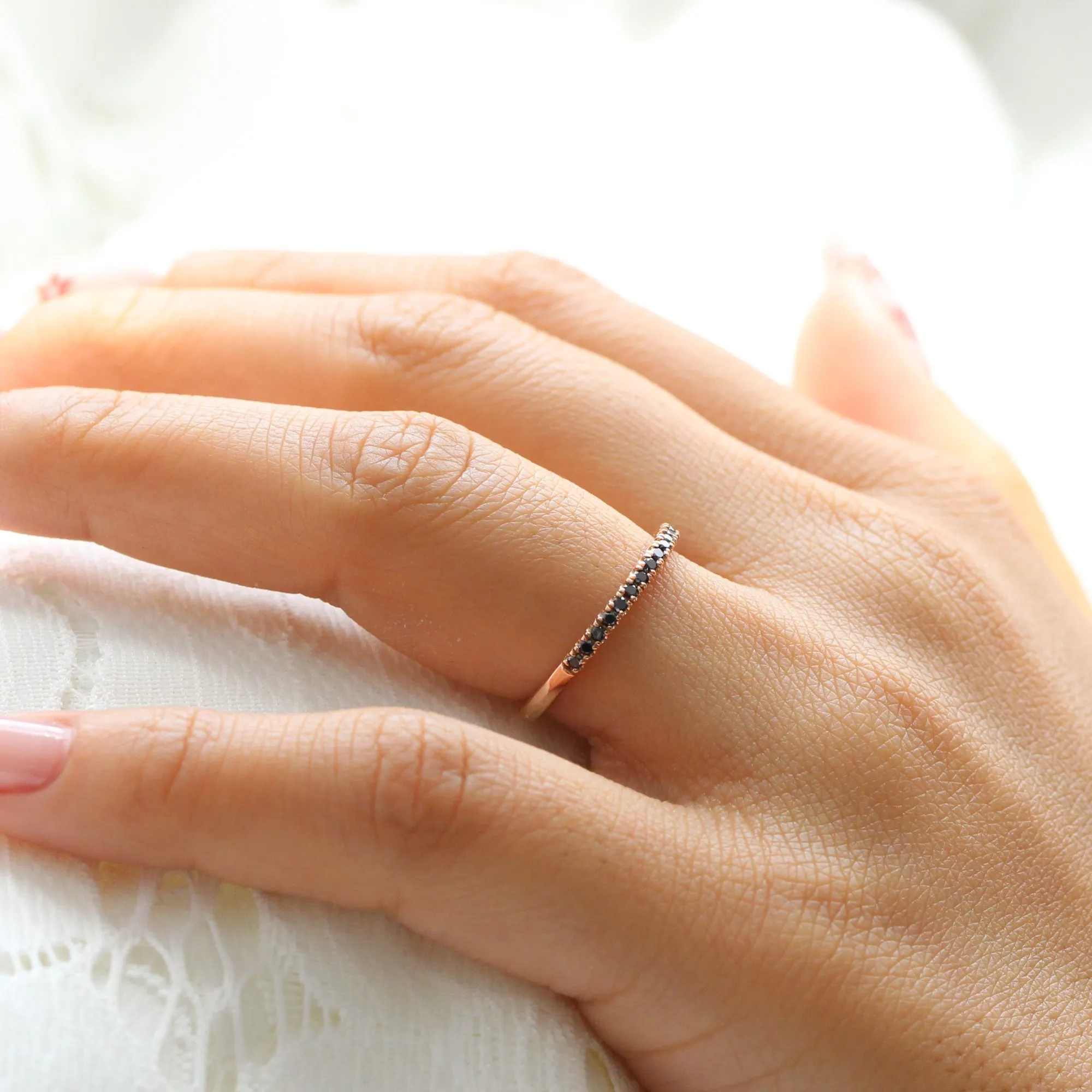Pave Black Diamond Wedding Ring in Straight Half Eternity Band