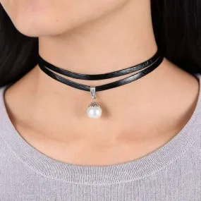 Pearl Bead Solitaire Two Strand Black Leatherette Choker Necklace
