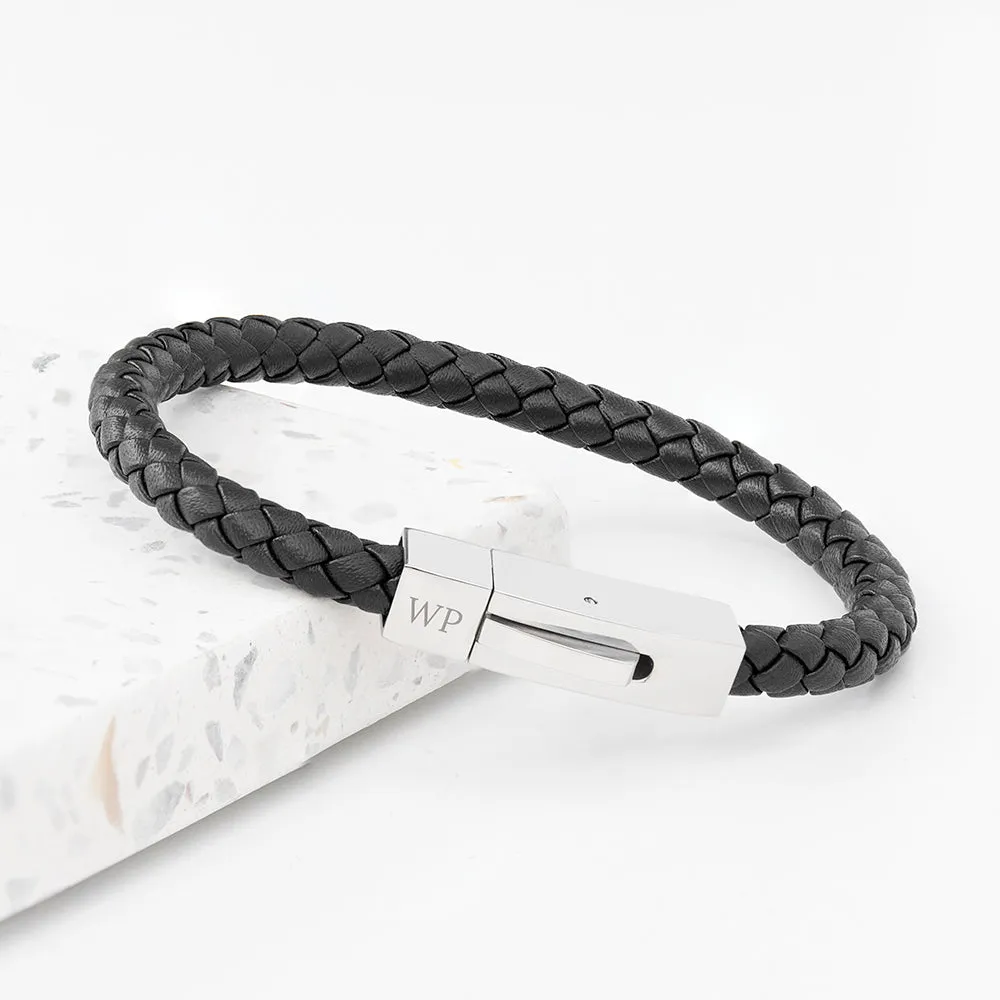 Personalised Men's Black Leather Bracelet With Tube Clasp