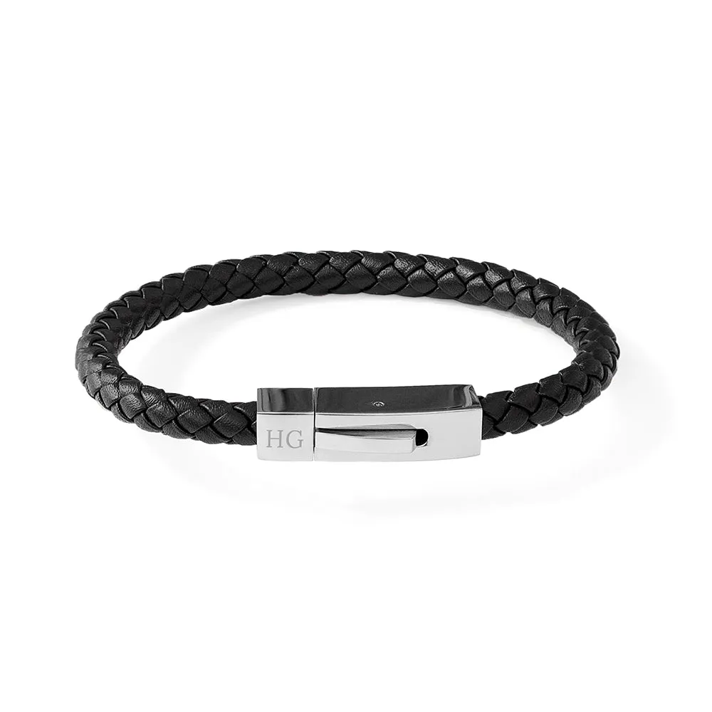 Personalised Men's Black Leather Bracelet With Tube Clasp