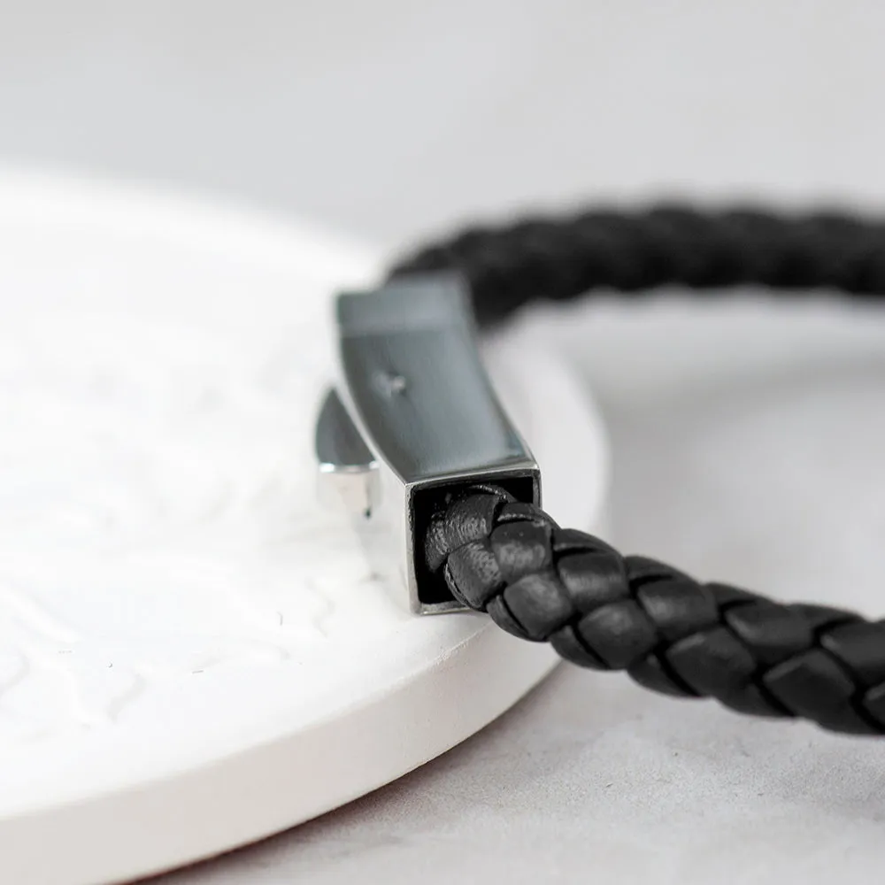 Personalised Men's Black Leather Bracelet With Tube Clasp