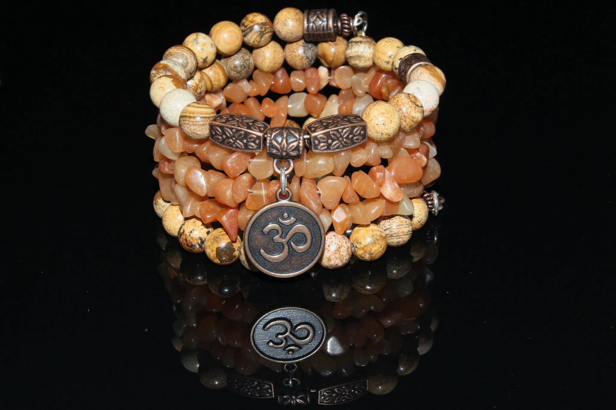 Picture Jasper And Red Aventurine Gemstone, Om Charms Cuff Wrap Bracelet And Earrings Set