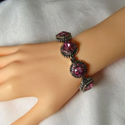 Pink Crystal &  Silver Bangle Bracelet
