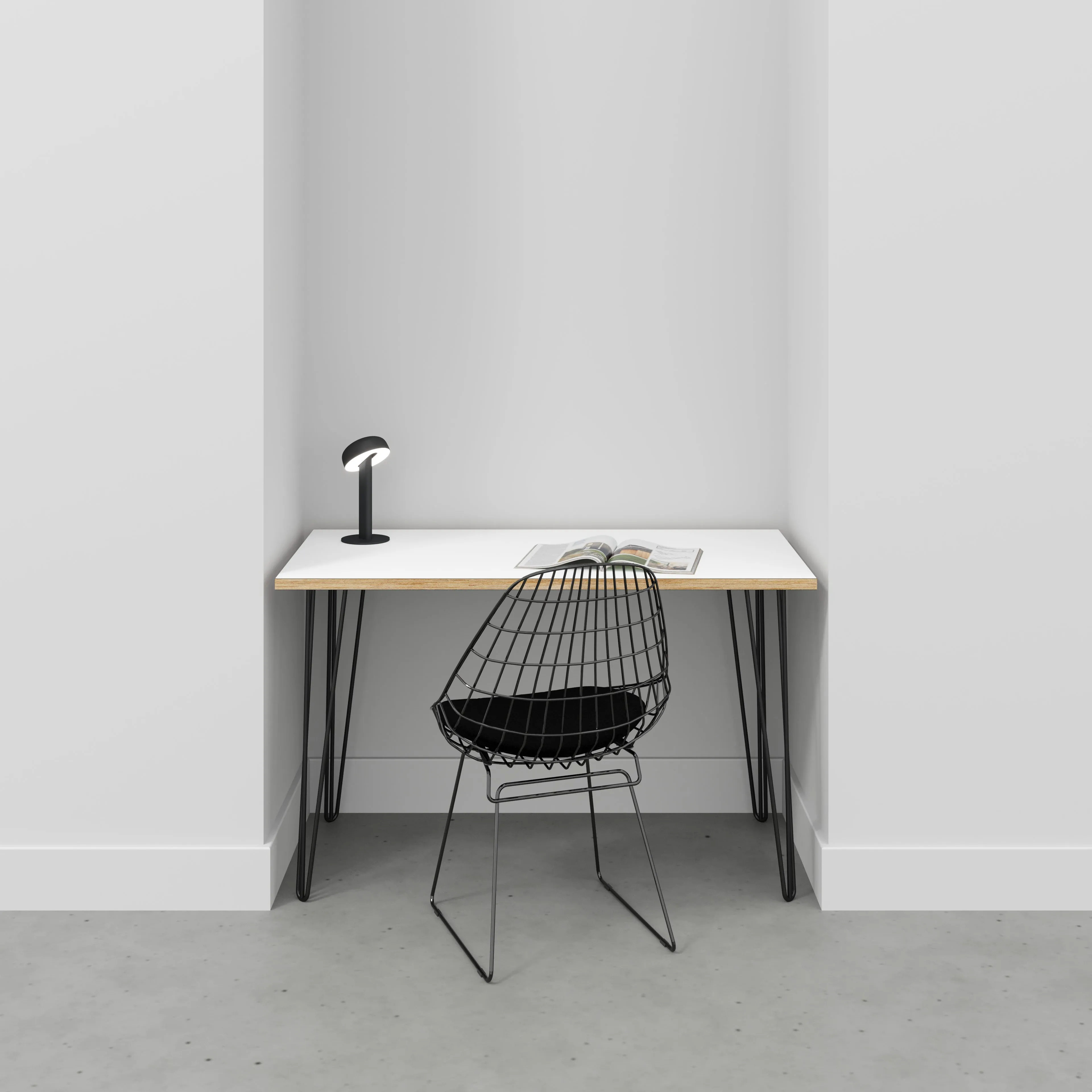 Plywood Desk with Black Hairpin Legs - Formica White - 1200(w) x 600(d) x 735(h)