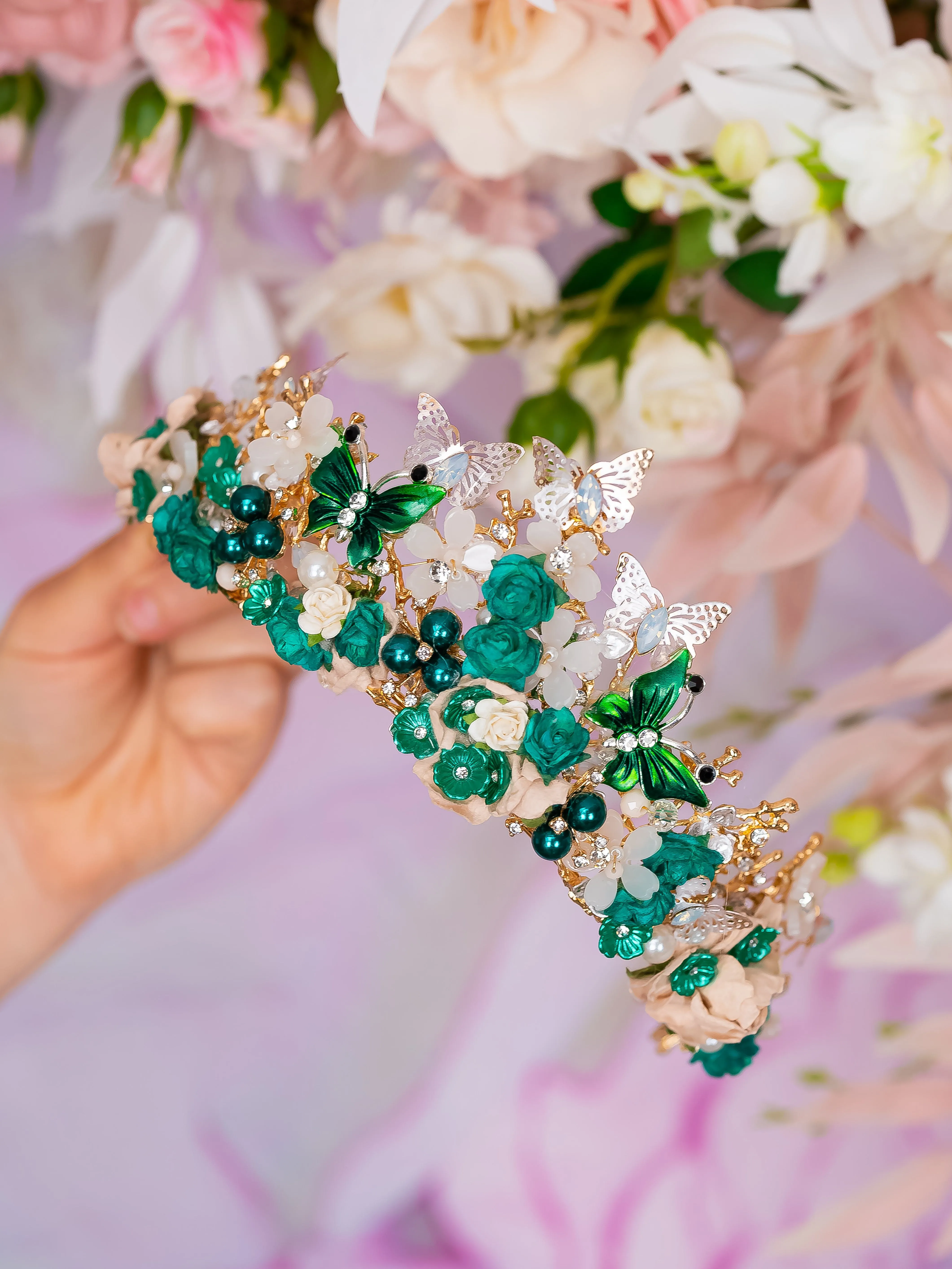 Quinceanera flowers Tiara green with butterflies