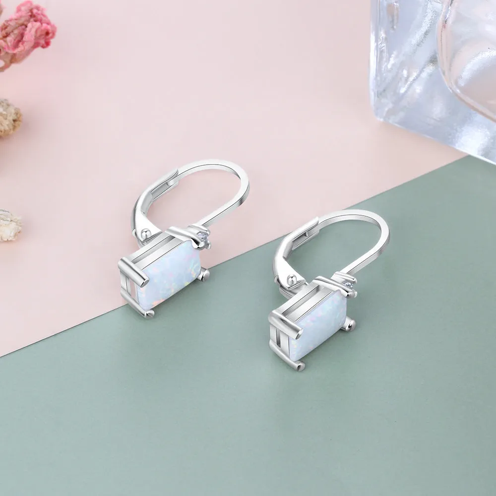 Rectangular Opal Small Zircon Sterling Silver Hoop Earrings