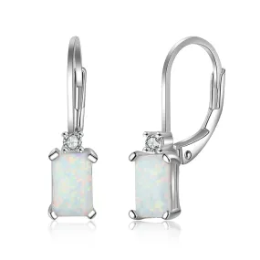 Rectangular Opal Small Zircon Sterling Silver Hoop Earrings