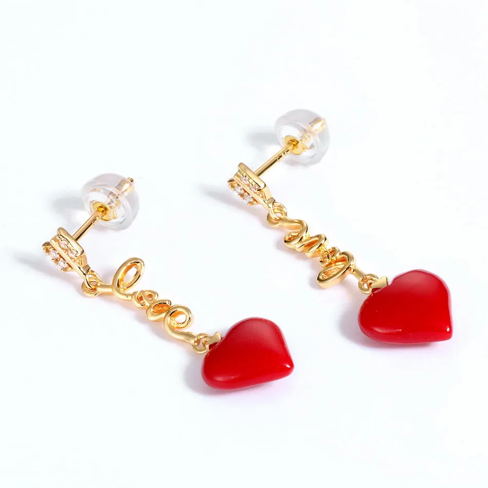 Red Heart Pendant LOVE Tassel Zircon Sterling Silver Drop Earrings