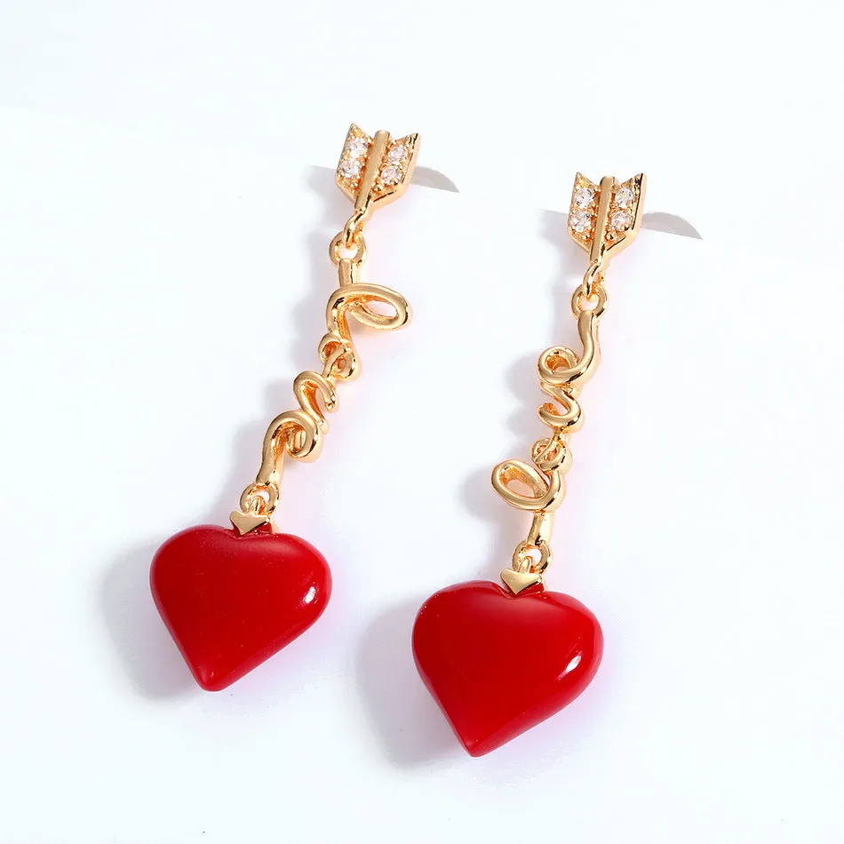 Red Heart Pendant LOVE Tassel Zircon Sterling Silver Drop Earrings