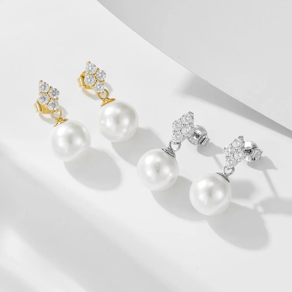 Rhombic Stud 10mm Pearl Dangle Earrings