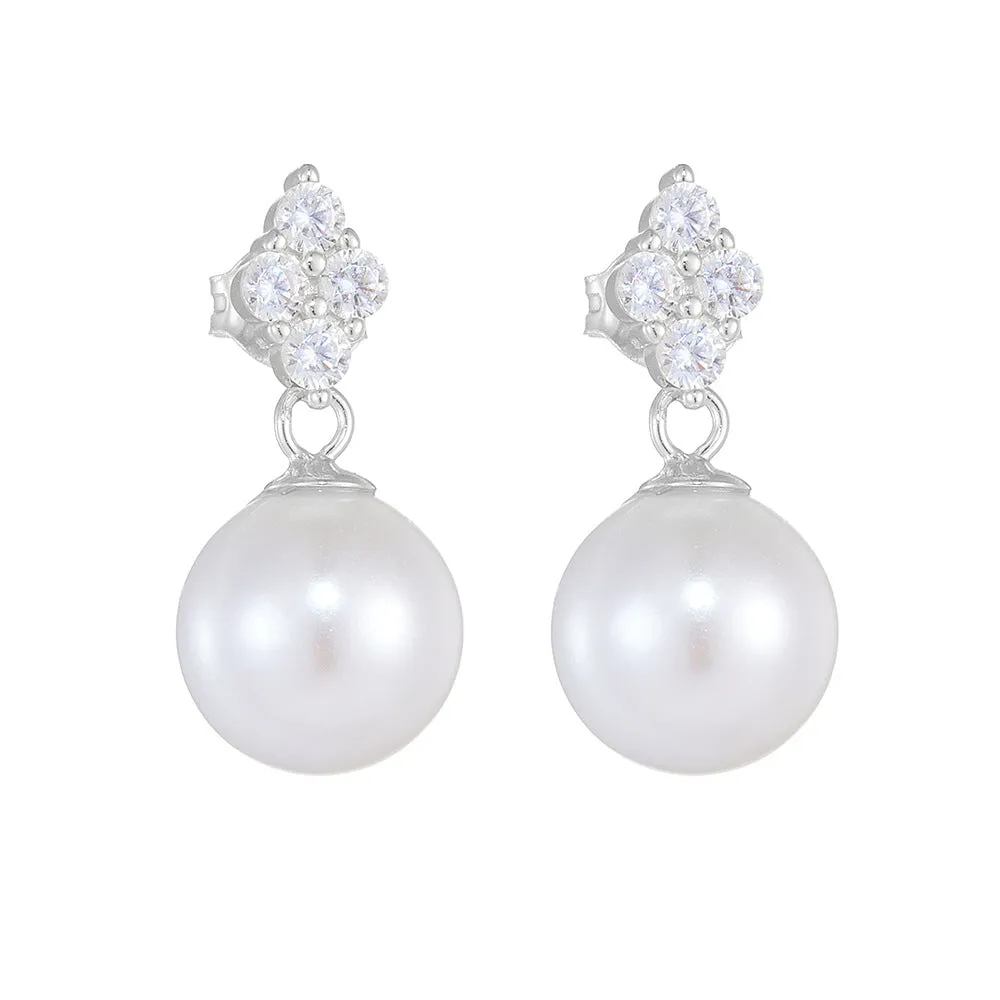 Rhombic Stud 10mm Pearl Dangle Earrings