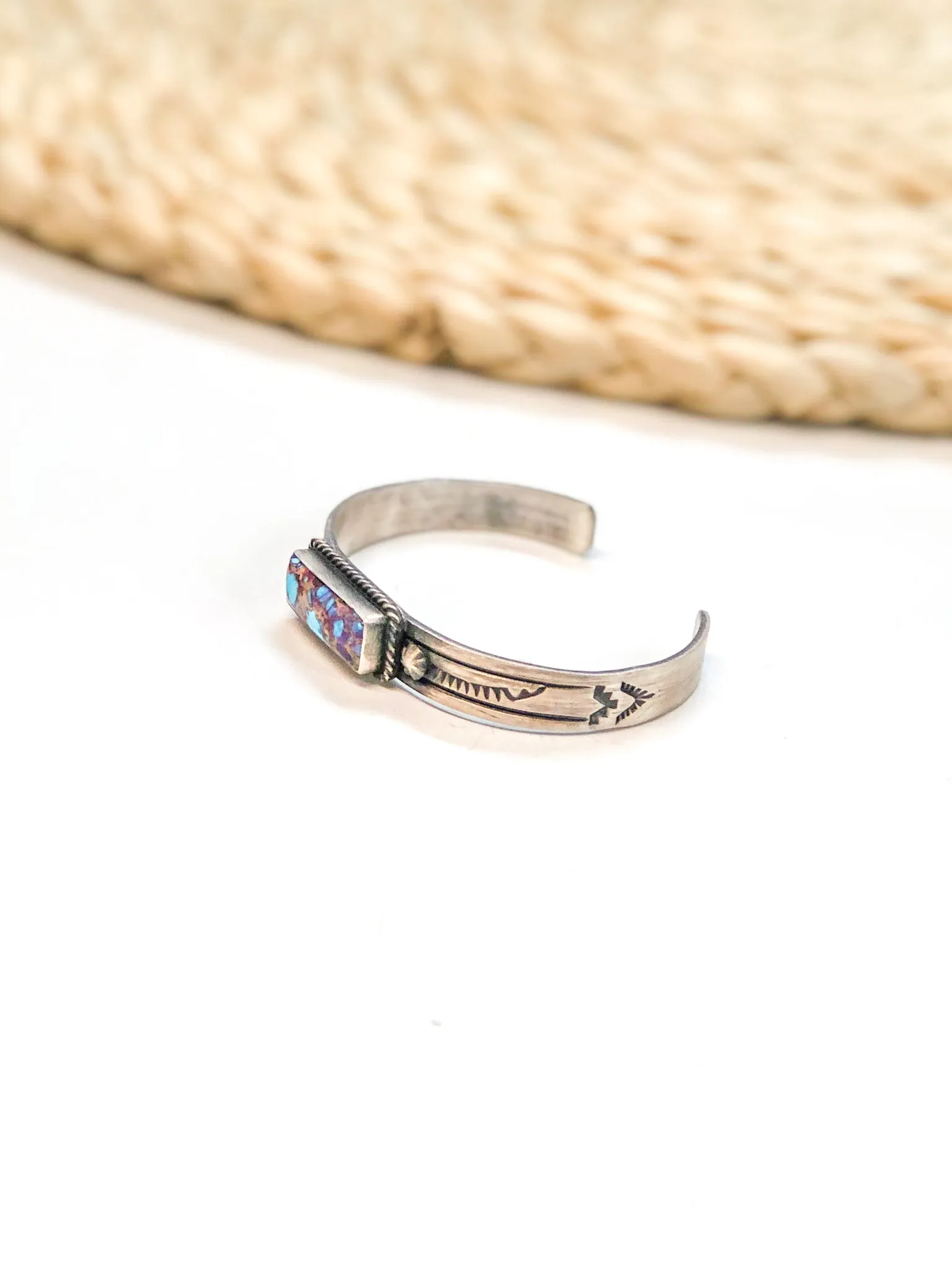 Rick Enricuez | Navajo Handmade Sterling Silver Etched Cuff with Mojave Turquoise Stone