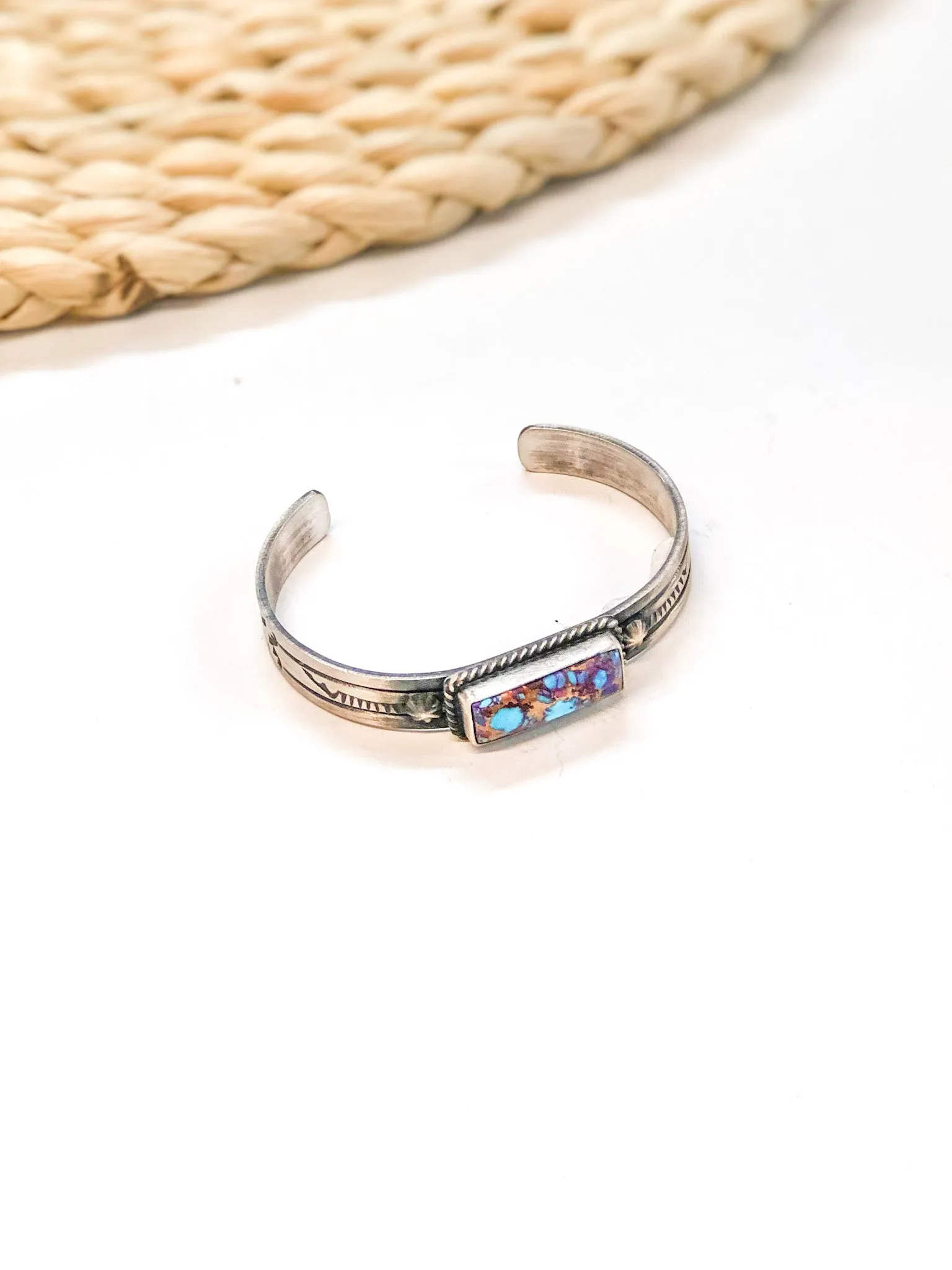 Rick Enricuez | Navajo Handmade Sterling Silver Etched Cuff with Mojave Turquoise Stone