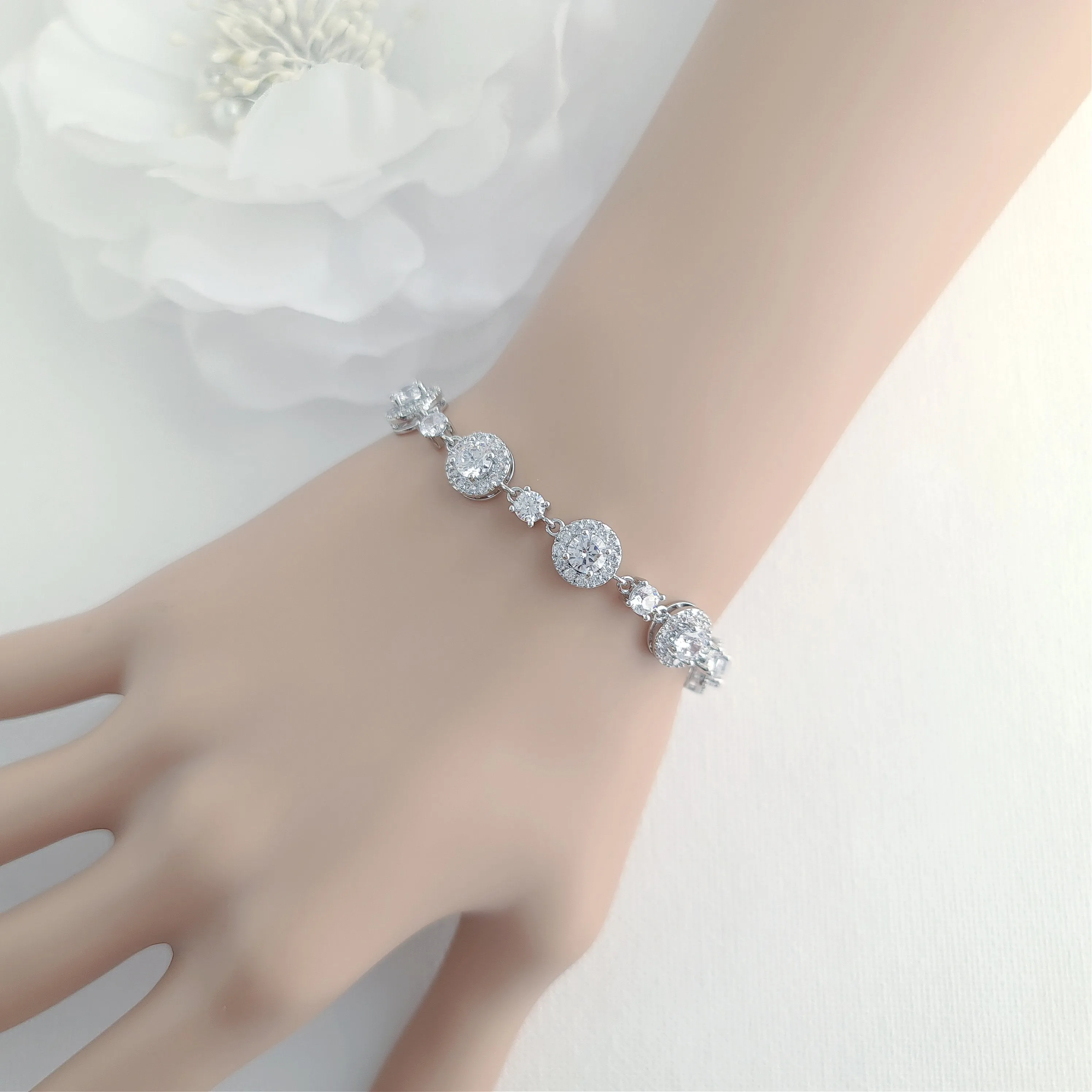 Round Crystal Earrings and Bracelet Set in Gold for Brides-Reagan