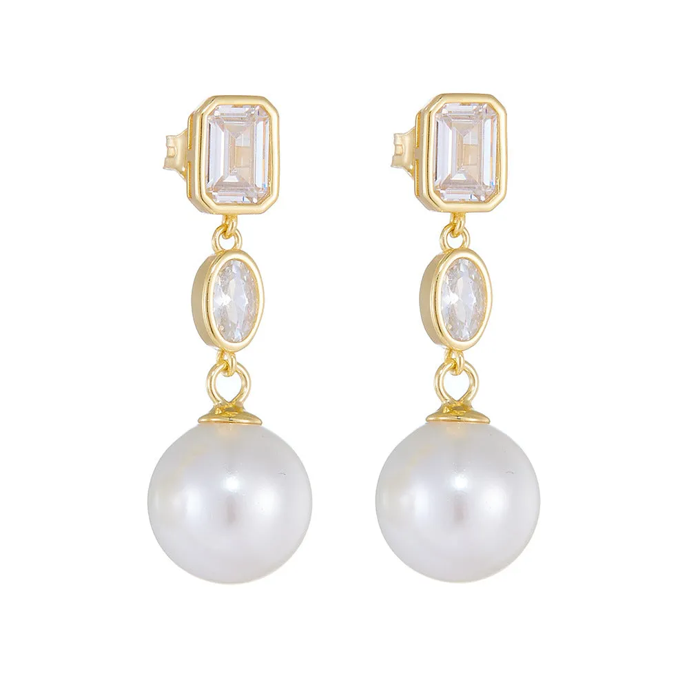 Round Pearl Pendant Emerald Cut and Oval Zircon Sterling Silver Drop Earrings