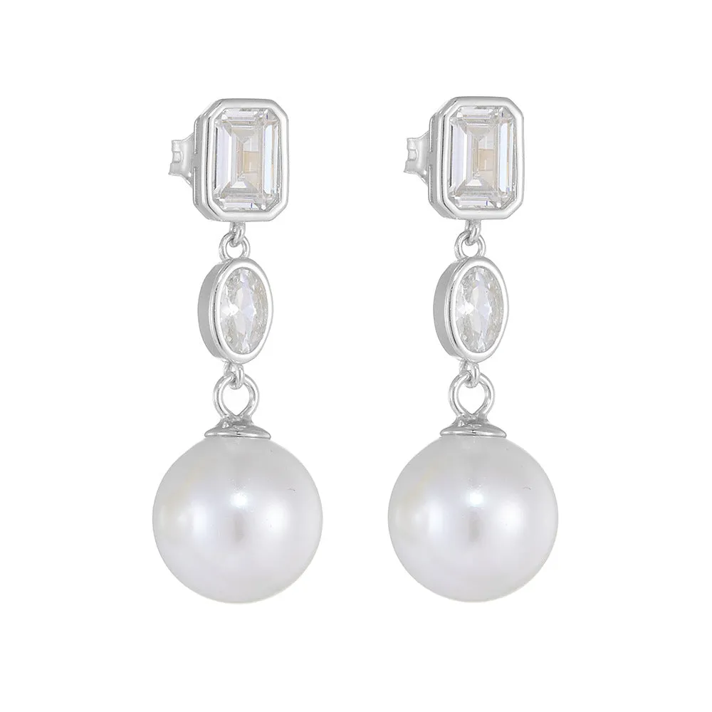 Round Pearl Pendant Emerald Cut and Oval Zircon Sterling Silver Drop Earrings