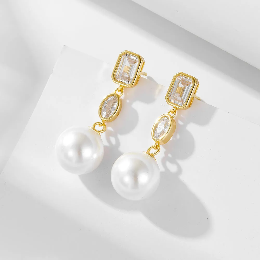 Round Pearl Pendant Emerald Cut and Oval Zircon Sterling Silver Drop Earrings