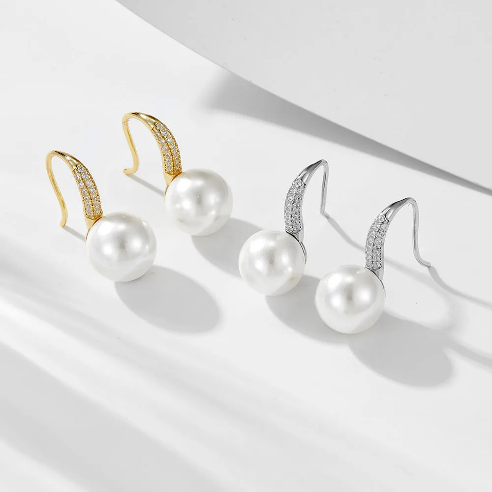 Round Pearl Zircon Sterling Silver Hook Earrings