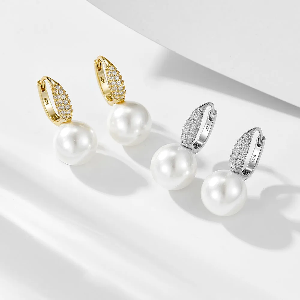 Round Pearl Zircon Sterling Silver Hoop Earrings