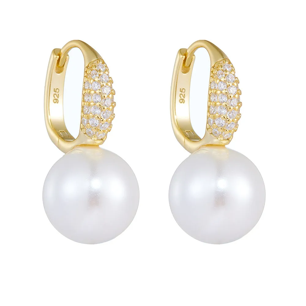 Round Pearl Zircon Sterling Silver Hoop Earrings