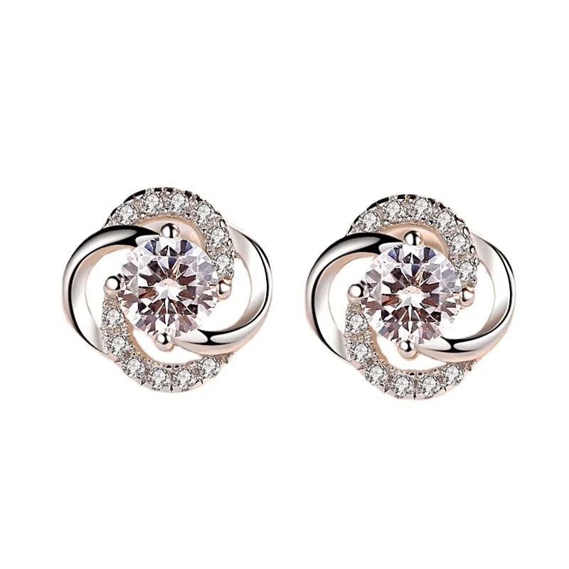 Round Zircon Clover Silver Studs Earrings for Women