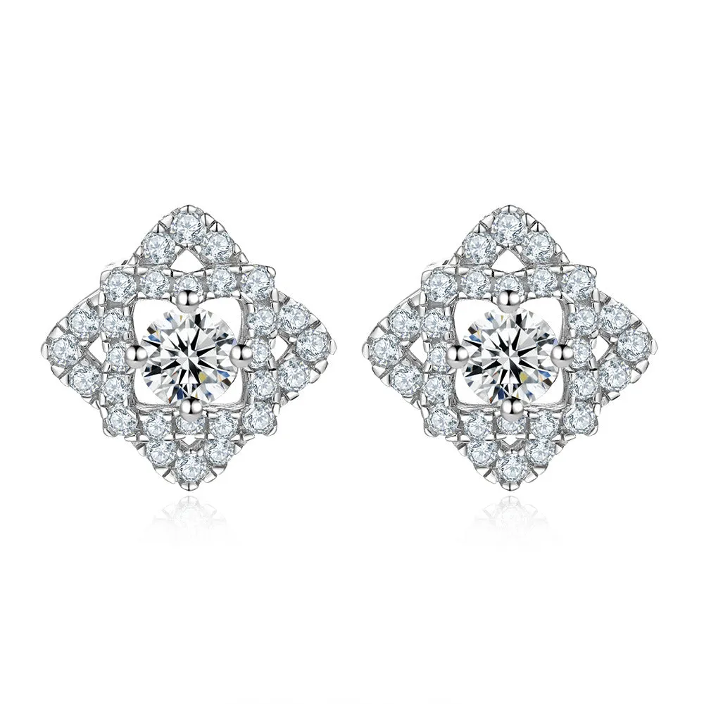 Round Zircon Clover Square Silver Studs Earrings for Women