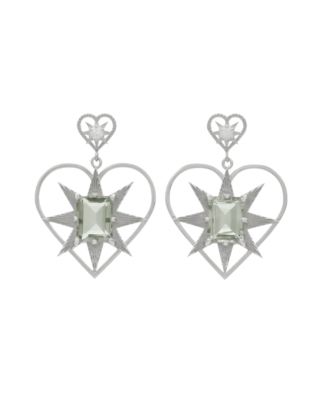 Shining Heart Earrings | Sterling Silver | White Zircon & Green Amethyst